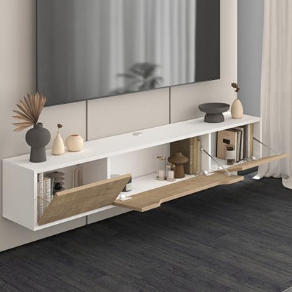 Atelier Mobili Floating TV Stand for Up to 80 Inch TVs – Wall Mounted Media Console with Handle-Free Doors – Modern Entertainment Center with Hidden Storage – White and Oak Finishes (White/Oak) - color: White / Oak