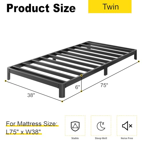Yicensen 6 Inch Low Twin Bed Frames No Box Spring Needed, Heavy Duty Metal Twin Size Platform Bed Frame with Rounded Corner Legs, Easy Assembly, Noise Free, Black - size: Twin, style: 6 Inch