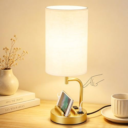 Dreamholder Touch Control USB Table Lamp with USB C/A & AC Outlet, 3-Way Dimmable Bedside Lamp, Modern Nightstand Lamps for Bedroom Living Room Guest Room Office, Bulb Included, Gold - color: Gold