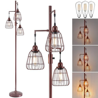 9MMML Dimmable Floor Lamp,Industrial Farmhouse Tall Standing Floor Lamp for Living Room, Bedroom Office,3 Teardrop Cage Lampshade,3 LED Bulbs Inculded. 68'' Tall - color: Oil-Rubbed Bronze