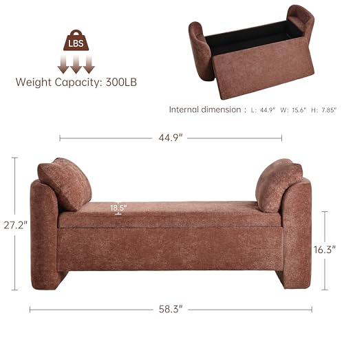 Usaint 58.3" Upholstered Storage Ottoman Bench with 2 Pillows, Rusty Red | End of Bed Bench with Curved Arms and Thickened Seat Cushion for Bedroom, Livingroom, Window, Entryway and Dressing Areas - color: Rusty Red