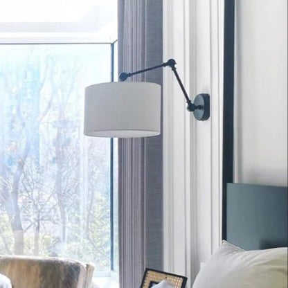 Black Bedside Wall Lamp with White Fabric Drum Shade, Modern Swing Arm Wall Sconce, Adjustable Wall Lighting Fixtures, Hardwired Wall Mounted Reading Light for Bedroom Living Room Hallway