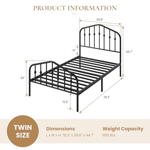 SHA CERLIN Twin Size Metal Bed Frame with Wrought Iron-Art Headboard, Black | Victorian Style Metal Platform Bed Frame, Wrought Iron-Art Headboard and Footboard, Under-Bed Storage, No Box Spring Needed - color: Black, size: Twin