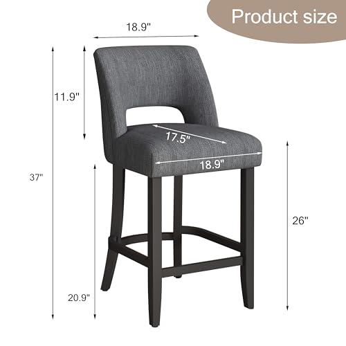 VKNOW Bar Stools Set of 4, 26" Upholstered Counter Height Bar Stools | Modern Counter Stools with Black Rubberwood Legs for Kitchen Island Dining Room Bar, Dark Grey-Black Legs - color: Dark Grey-black Legs, size: Set of 4