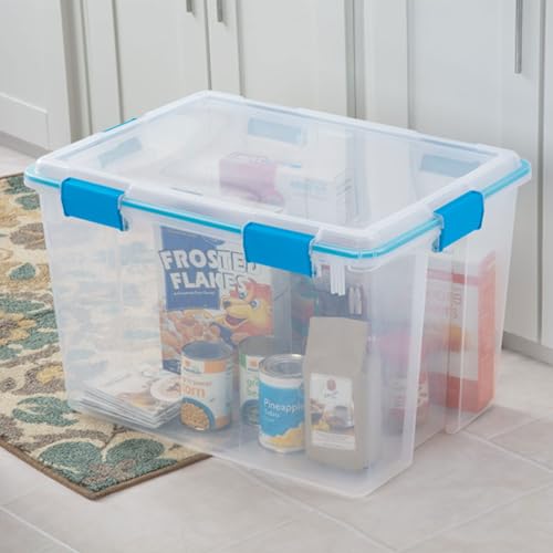 Sterilite Gasket Storage Box with Lids for Home & Office, 80 Quart, 8-Pack | Heavy-Duty, Stackable, and Organizing Containers for Bathroom, Cabinet, Closet, and Garage, Clear and Blue Aquarium Latches - size: 80 Quart, style: 8 Pack
