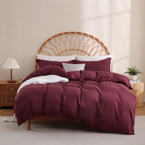 JSD Burgundy Duvet Cover Set Full Size | 3 Piece Soft Microfiber Duvet Cover with Pillow Shams Zipper Closure, Comforter Not Included, Oeko-Tex Certified - color: Burgundy, size: Full