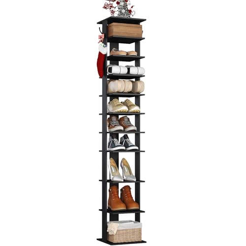 HOMEFORT 10-Tier Vertical Shoe Rack, Corner Shoe Tower, Slim Shoe Organizer with Two Hanging Hooks, Wooden Shoe Storage Stand for Entryway, Hallway, Closet (Black) - color: Black, size: 11.02"D x 11.02"W x 62.2"H