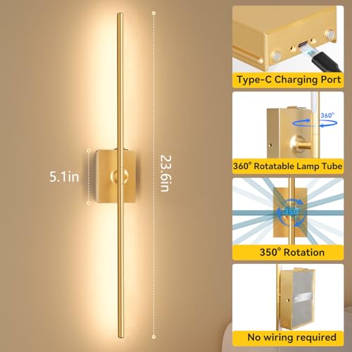 Battery Operated Wall Sconces Set of 2, 10000mAh Wireless Rechargeable 3000-6000K Dimmable 350° Rotate Wall Light with Remote for Living Room, Bedroom 23.6in Gold - color: Gold, size: 23.6in-Square Base