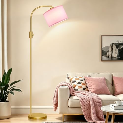 Nintiue Dimmable Floor Lamp, 1200 Lumens LED Edison Bulb Included, Arc Gold Floor Lamps for Living Room Modern Standing Lamp with Pink Linen Shade - color: Gold-Pink Shade