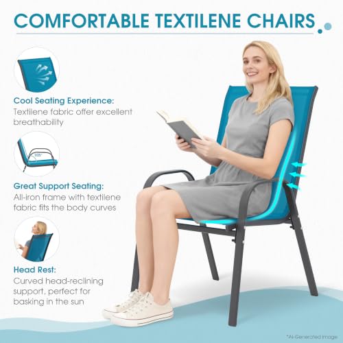 24.4" Wide Outdoor Patio Stackable Chairs Set of 4, Blue | Stacking Patio Chairs with Textilene Fabric, Outside Furniture for Garden Backyard Balconie Poolside Deck - color: 4 Blue Chairs