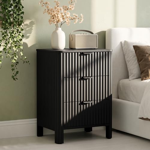 3 Drawer Black Dresser for Bedroom, 20" W Wood Storage Cabinet with Fluted Design, Modern Chest of Drawers for Living Room, Nursery Clothing Organizer with Metal Slides, Anti-Tipping - color: Black, size: 15.8"D x 19.7"W x 27"H (3 Drawers)
