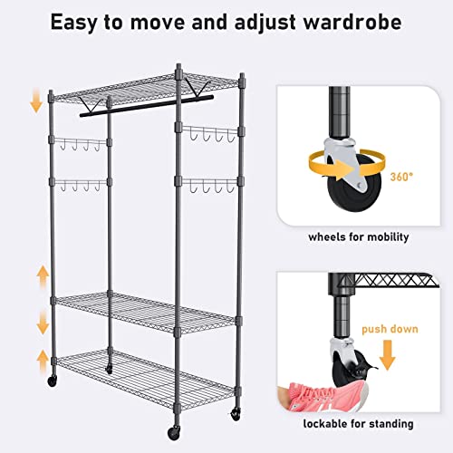 Heavy Duty Clothes Rack, Adjustable Rolling Garment Rack with Shelves, Freestanding Wardrobe Rack 1 Clothes Hanging Bar, 3 tired Wire Shelving, 4 Hanger Hooks - Hold Up to 400Lbs (Black, 1Rod 4Hook)