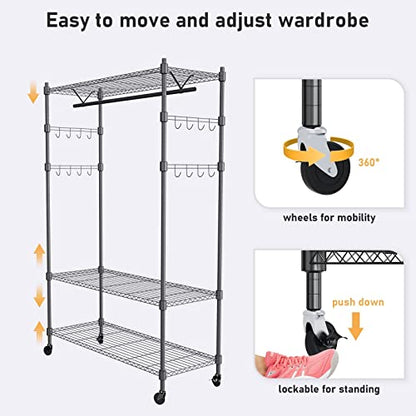 Heavy Duty Clothes Rack, Adjustable Rolling Garment Rack with Shelves, Freestanding Wardrobe Rack 1 Clothes Hanging Bar, 3 tired Wire Shelving, 4 Hanger Hooks - Hold Up to 400Lbs (Black, 1Rod 4Hook)