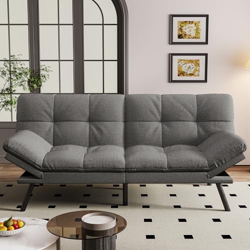Vipbear Convertible Futon Sofa Bed,Grey Linen Fabric Futon Couch with Detachable Cushion,Adjustable Backrest & Armrest,Modern Loveseat Sleeper Recliner for Living Room,Office,Apartment