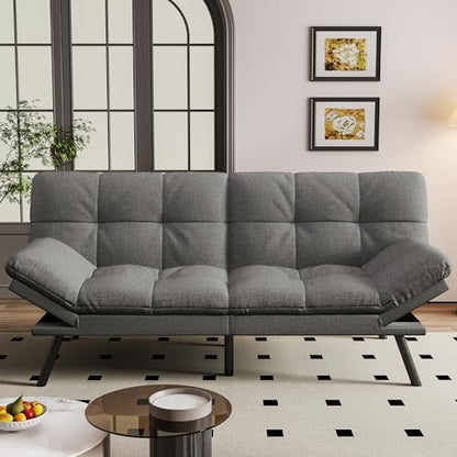 Vipbear Convertible Futon Sofa Bed,Grey Linen Fabric Futon Couch with Detachable Cushion,Adjustable Backrest & Armrest,Modern Loveseat Sleeper Recliner for Living Room,Office,Apartment