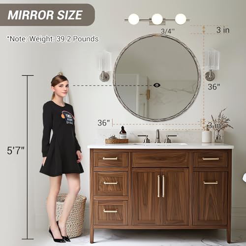 36 Inch Hand-Forged Round Mirrors with Metal Frame, Silver Solid Steel Hammered Round Wall Mirrors, Antique Circle Mirror for Bathroom, Vanity, Metal Frame, Anti-Rust, Vintage - color: Silver, size: 36"L x 36"W