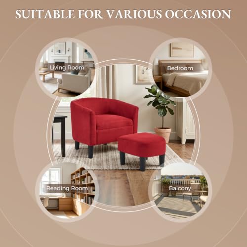 Oversized Accent Chair with Ottoman, 23.2" W Oversized Club Chair with Ottoman Set, Comfy Fabric Barrel Reading Chairs for Living Room Bedroom, Round Reading Chair with Foot Rest, Red - color: Red, size: Large
