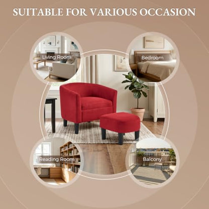 오토만이 있는 오버사이즈 액센트 의자, 58.9cm(23.2인치) 너비 오버사이즈 클럽 의자, 오토만 세트, 거실 침실용 편안한 패브릭 배럴 독서 의자, 발 받침대가 있는 원형 독서 의자, 레드 - color: 2-레드, size: Large