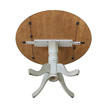 IC International Concepts, 42" Round Dual Drop Leaf Pedestal Dining Table, Solid Real Wood, Sturdy Parawood, Distressed Hickory/Stone - color: Distressed Hickory/Stone