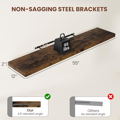 Vivelove Deep Floating Shelves 55x12” Set of 2, Rustic Brown | Easy Install With Hardware, 2" Thick, Invisible Brackets, Wall Mounted, No Sagging, For Any Room - color: Rustic Brown, size: 55”wx12”dx2”h