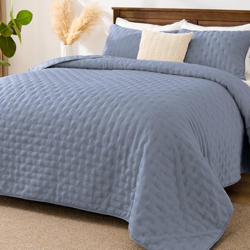 EMME Quilts Queen Size Bedding Sets, Dusty Blue Bedspread Soft Lightweight Pre-Washed Quilt, 3 Piece Cozy Reversible Microfiber Ultrasonic Coverlet with Pillow Sham (Leaf Pattern,90"x90") - color: 06-dusty Blue (Leaf), size: Full/Queen(90" x 90")