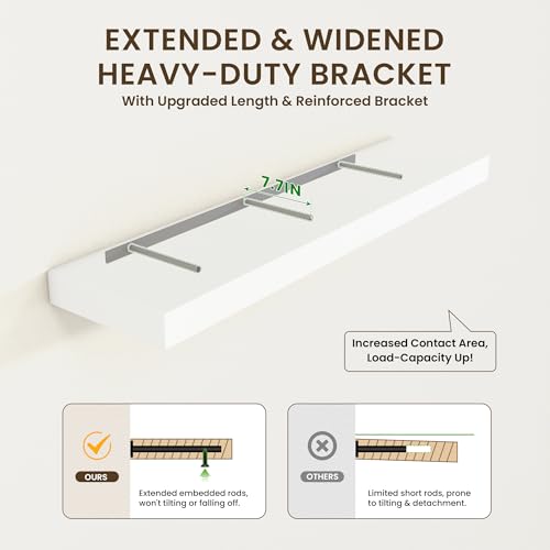 48 Inch Floating Shelves, 12'' Deep White Shelves for Wall Set of 2 | Invisible Brackets, Engineered Wood, Mounting Hardware Included, 50LBS, Bathroom, Laundry Room, Kitchen, Living Room - color: White, size: 48W x 11.6D x 2H, 2 Pack