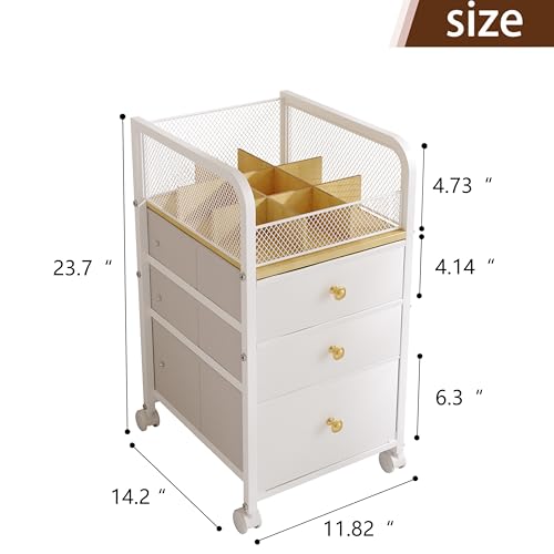 Rolling Makeup Organizer Cart with Drawers Under Desk Storage for Vanity | Vanity Cart Bathroom Storage Cart Cosmetic Vanity Display Cases Holder for Nail Polish Brush Hair Tool - color: White