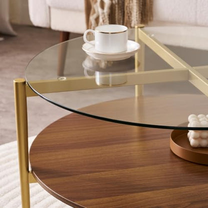 LumFurn Round Coffee Table, Mid-Century Modern Design, D30“ x H17”, for Living Room, 2-Tier Structure, Clear Glass Top and Walnut MDF Shelf, Sleek Conical Metal Legs with Gold Finish - color: D30" Clear & Walnut