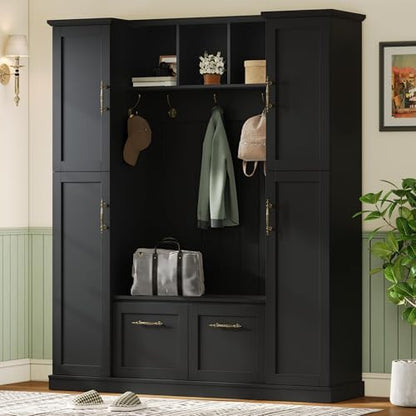 JIVOIT Farmhouse Hall Tree with 4 Side Cabinets, Adjustable Shelves & Open Cubbies, All-in-One Mudroom Furniture, Beadboard Entryway Bench with Coat Rack & 5 Hooks for Hallway (Black,152) - color: Black,152