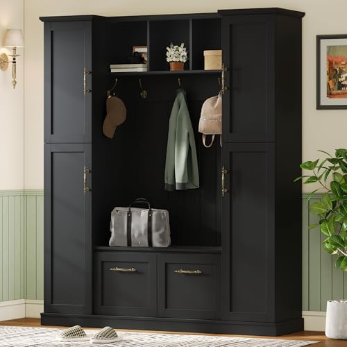 JIVOIT Farmhouse Hall Tree with 4 Side Cabinets, Adjustable Shelves & Open Cubbies, All-in-One Mudroom Furniture, Beadboard Entryway Bench with Coat Rack & 5 Hooks for Hallway (Black,152) - color: Black,152
