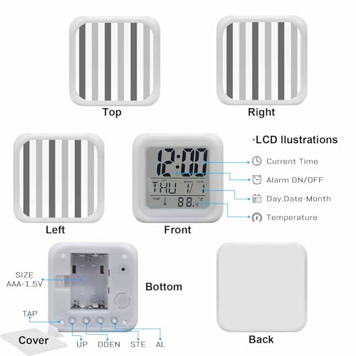 Digital Alarm Clocks for Bedroom,Minimalist Art Grey Stripes Cube Alarm Clock with Snooze and Nightlight Abstract Geometric Vertical Line Silent Office Desk Clock Time/Date/Temperature Display - color: Gray