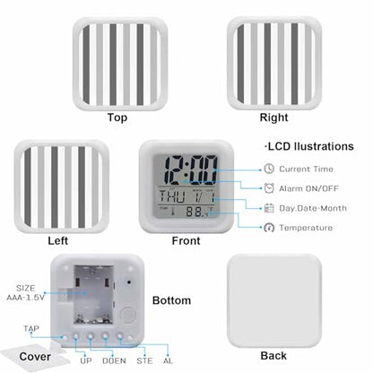 Digital Alarm Clocks for Bedroom,Minimalist Art Grey Stripes Cube Alarm Clock with Snooze and Nightlight Abstract Geometric Vertical Line Silent Office Desk Clock Time/Date/Temperature Display - color: Gray