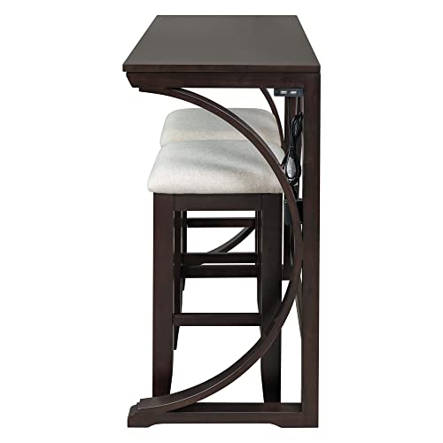 RuiSiSi 3 Piece Counter Height Dining Set, Farmhouse Kitchen Table Set with USB Port and 2 Upholstered Stools, Breakfast Nook Set for Kitchen, Dining Room, Living Room, Espresso - color: Espresso