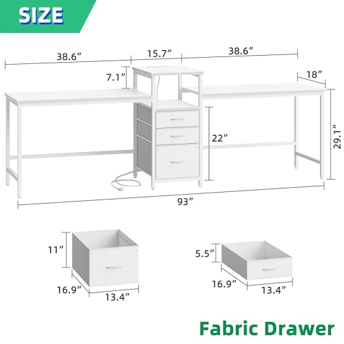 GYIIYUO 93'' Two Person Desk with Charging Station, Long Desk with 3 Drawer | Double Computer Desk with Printer Shelf, 2 Person Writing Study Table Workstation for Home Office, White - color: White