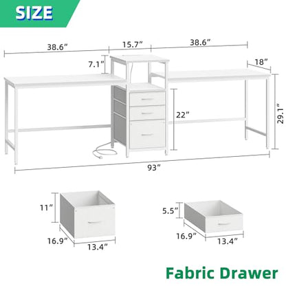 GYIIYUO 93'' Two Person Desk with Charging Station, Long Desk with 3 Drawer | Double Computer Desk with Printer Shelf, 2 Person Writing Study Table Workstation for Home Office, White - color: White