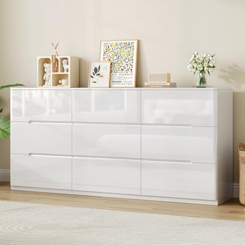 High Gloss Dresser for Bedroom, 60.2" Wide 9 Drawer Dresser, White | Modern Dresser Chest of Drawers, Handle-less Design, High Gloss Panel, Dresser TV Stand, Wooden Dressers for Bedroom, Closet - color: White, size: 15.7"D x 60.2"W x 31.5"H (9 Drawers)