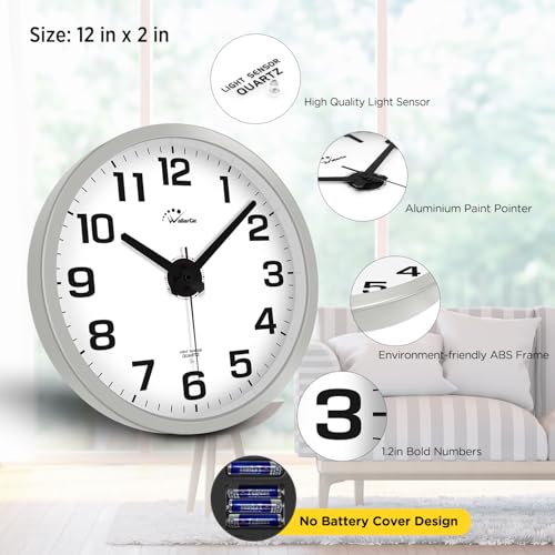 Night Light Wall Clock for Bedroom, 12 Inch | Silent, Lighted up Glow in the Dark, Battery Operated, Easy to Read Large Digital Display - color: Silver