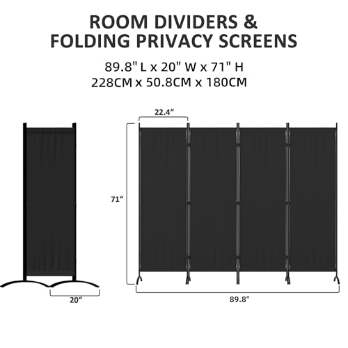 Room Divider 4 Panel Partition Room Dividers and Folding Privacy Screens with 5 Curved Metal Feet Portable Divider Wall 88" W Temporary Wall for Office Divider Bedroom Dressing Room,Black - color: Black, size: 4 Panel Standard