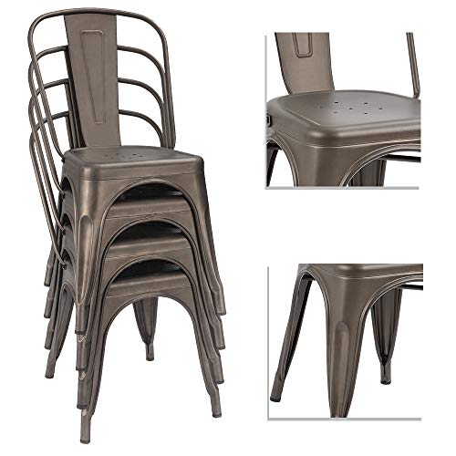 Devoko Metal Indoor-Outdoor Chairs Distressed Style Kitchen Dining Chairs Stackable Side Chair with Back Set of 4 (Gun) - color: Gun
