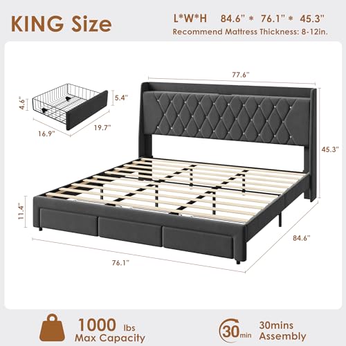 Garvee King Size Bed Frame with Storage, Velvet Upholstered Platform Bed Frame with Crystal Tufted Headboard, Charging Station, 3 Drawers, No Box Spring Needed, Noise-Free,for Bedroom, Dark Gray | Velvet Upholstered Platform Bed Frame with Crystal Tufted