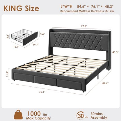 Garvee King Size Bed Frame with Storage, Velvet Upholstered Platform Bed Frame with Crystal Tufted Headboard, Charging Station, 3 Drawers, No Box Spring Needed, Noise-Free,for Bedroom, Dark Gray | Velvet Upholstered Platform Bed Frame with Crystal Tufted