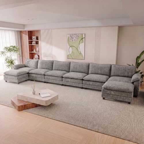 Homall 232" Oversized U Shaped Cloud Couch, Modular Sectional Sofa | 2 Movable Ottoman, Comfy Chenille, Double Layer Cushions, 6 Deep Seat, High-Density Foam, Easy Assembly, Light Grey - color: Light Grey, size: Oversized Sofa