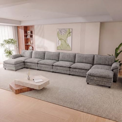 Homall 232" Oversized U Shaped Cloud Couch, Modular Sectional Sofa | 2 Movable Ottoman, Comfy Chenille, Double Layer Cushions, 6 Deep Seat, High-Density Foam, Easy Assembly, Light Grey - color: Light Grey, size: Oversized Sofa