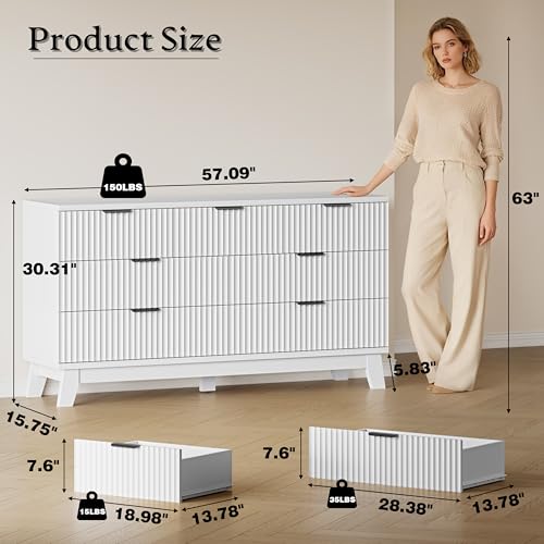 BORNOON 57" Long Dresser for Bedroom, 7-Drawer Fluted Chest, Wide Wood Storage Dresser with Metal Slides and Handles, Stable Base, Modern Clothes Organizer for Primary Suite, Guest Room, Nursery - color: Pure White, size: XL 7-Drawer