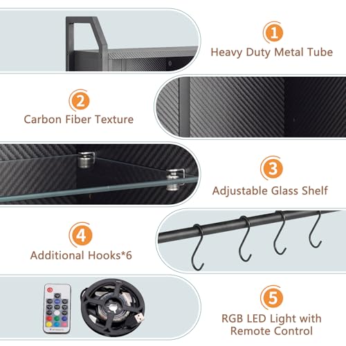 Gaming Floating Wall Shelves with LED Lights, Wall Mounted Shelf | 24" Shelf with Adjustable Glass Bar & 6 Hooks, Gaming Wall Shelf for Bedroom Gaming Room Living Room Office