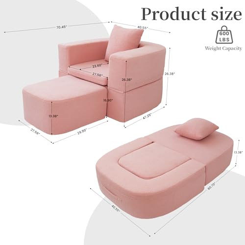 40" Pull Out Couch,2 in 1 Sleeper Sofa Bed,Convertible Sleeper Chair with Pillow Foldable Mattress with Back Support,Teddy Fleece,Pink - color: Pink
