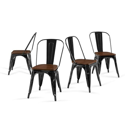 Obsidian Black Color,Metal Black Dining Chairs with Wood Seat,Set of 4 | Iron Stackable Tolix Modern Indoor Outdoor Bistro Kitchen Patio - color: Obsidian Black