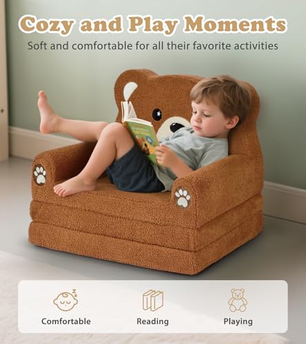 Foryoomi Kids Couch, 2-in-1 Soft Toddler Couch Fold Out with Blanket, Chair Comfy, Foldable Convertible Plush Sofa, Gifts for Kids Girl Boys, Bear - color: Bear