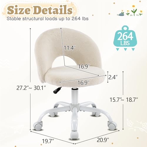VINGLI Small Vanity Chair with Faux Fur Wheels for Girls,Cute Adjustable Height Armless Office Desk Chair,360°Swivel Comfy Rolling for Study,Make up Room,Small Space,Khaki - color: Furry Khaki
