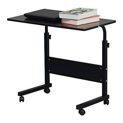 Sofa Side Table C Shaped End Table with Wheels, Rolling Bedside Laptop Table Snack Table TV Tray, Height Adjustable, Wooden Top & Metal Frame (Black) - color: Black, 31.5"